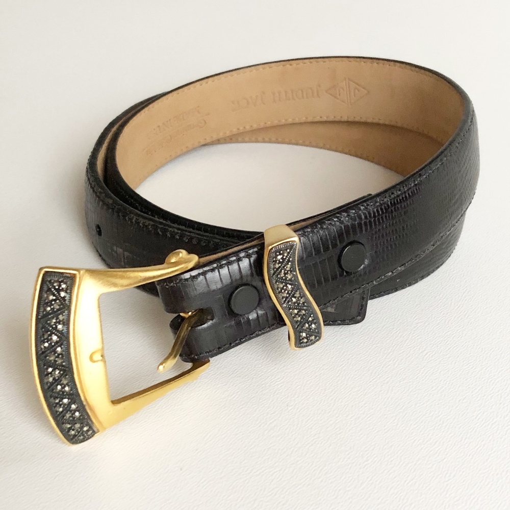 Vtg Judith Jack Gold Tone Buckle w/ Marcasites Black Leather Belt Lizard Sz Sm - Picture 1 of 14